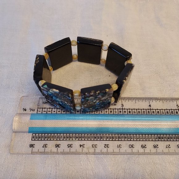Vintage 1950's mosaic Abalone & mother of peal black block bracelet - Picture 8 of 9